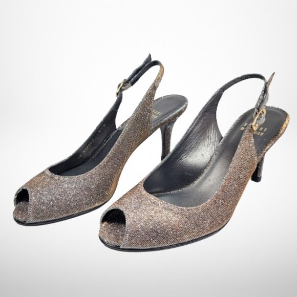 STUART WEITZMAN Slinky Glitter Peep-Toe Slingback, Pyrite Nocturn - Size:8 - Picture 2 of 16